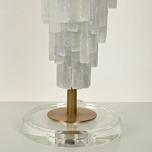 Unique translucent tiered natural selenite stone table lamp with fabric lampshade for bedroom livingroom