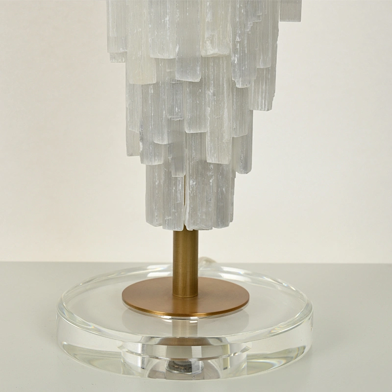 Unique translucent tiered natural selenite stone table lamp with fabric lampshade for bedroom livingroom