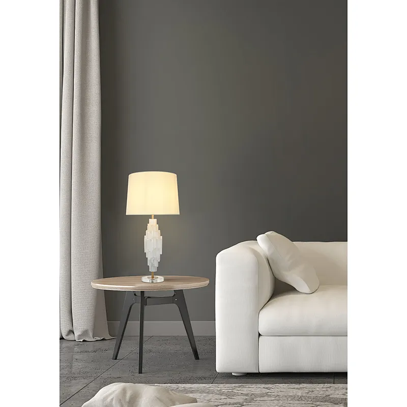 Unique translucent tiered natural selenite stone table lamp with fabric lampshade for bedroom livingroom