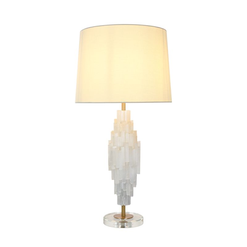 Unique translucent tiered natural selenite stone table lamp with fabric lampshade for bedroom livingroom