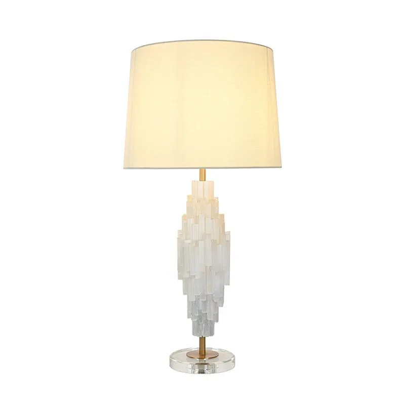 Unique translucent tiered natural selenite stone table lamp with fabric lampshade for bedroom livingroom