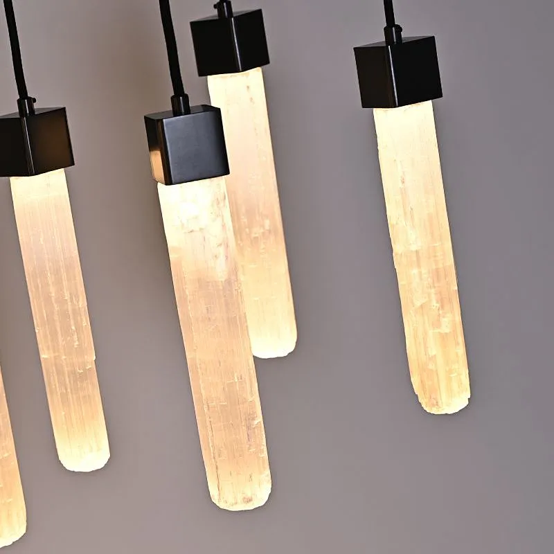 Rectangle Combination Bronze Finish Natural Selenite Stone Hanging Lights For Restaurant