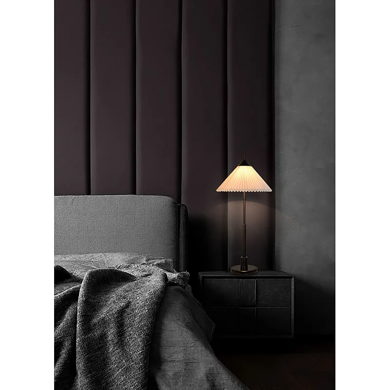 Simple conical pleated fabric lampshade bronze finish table lamp