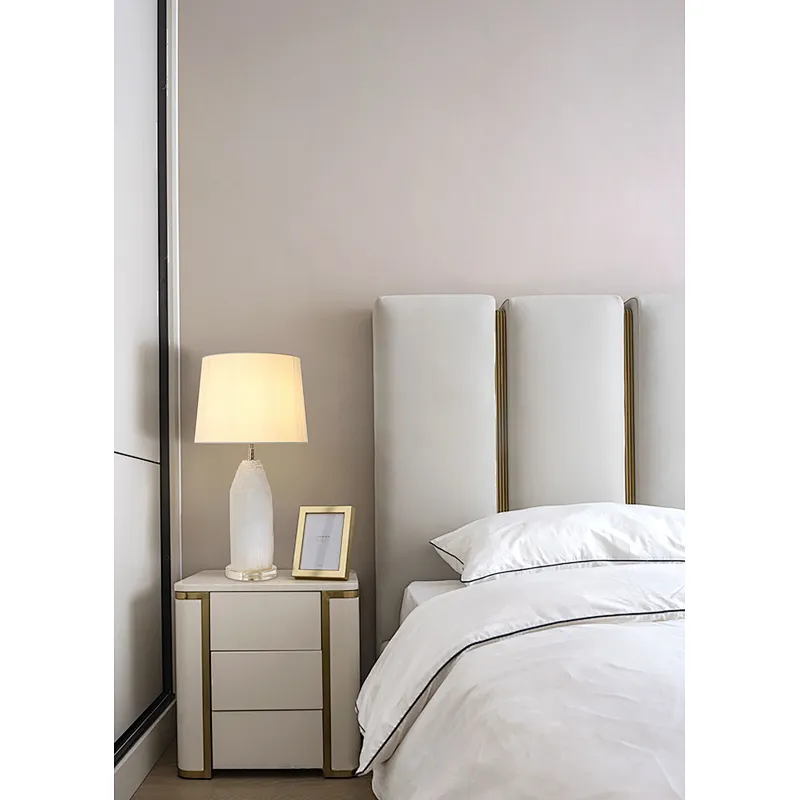 Luxury Natural Selenite Stone Column Table Lamp With Fabric Shade for living room sofa side bedside light