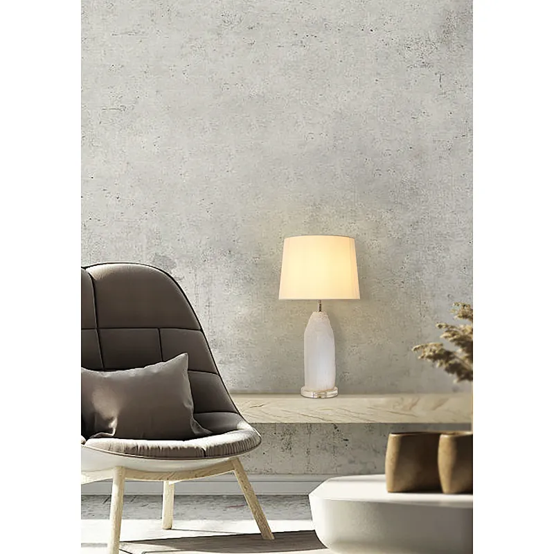Luxury Natural Selenite Stone Column Table Lamp With Fabric Shade for living room sofa side bedside light