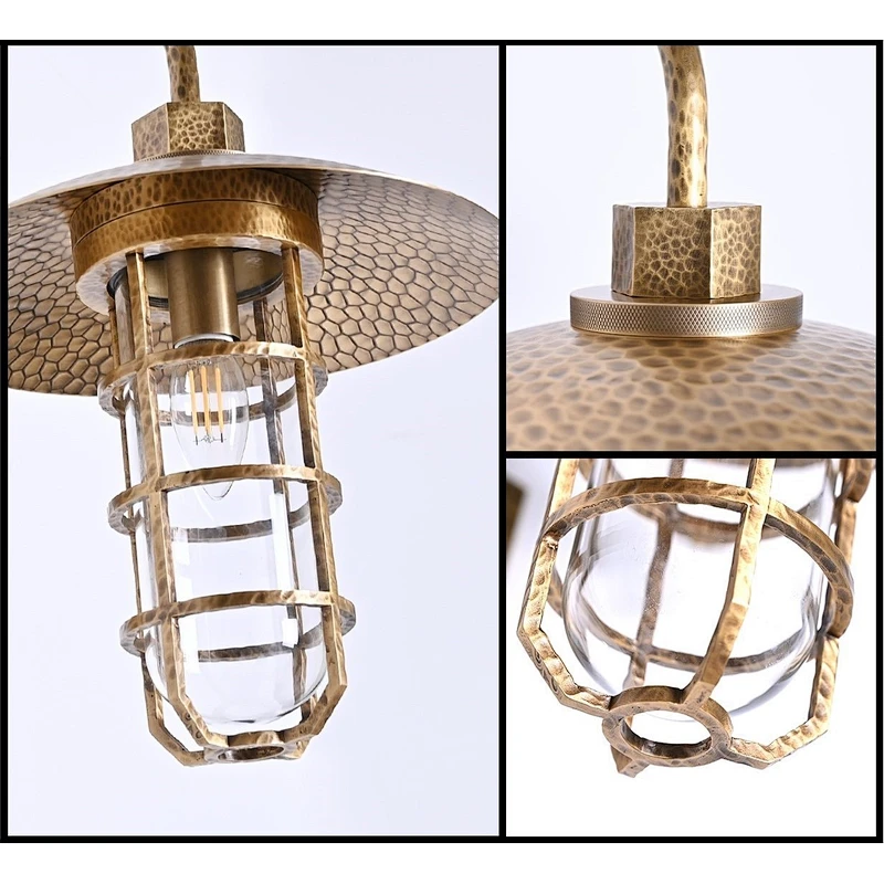 Forged antique brass finish single head bent arm copper explosion-proof glass cover outdoor wall lamp