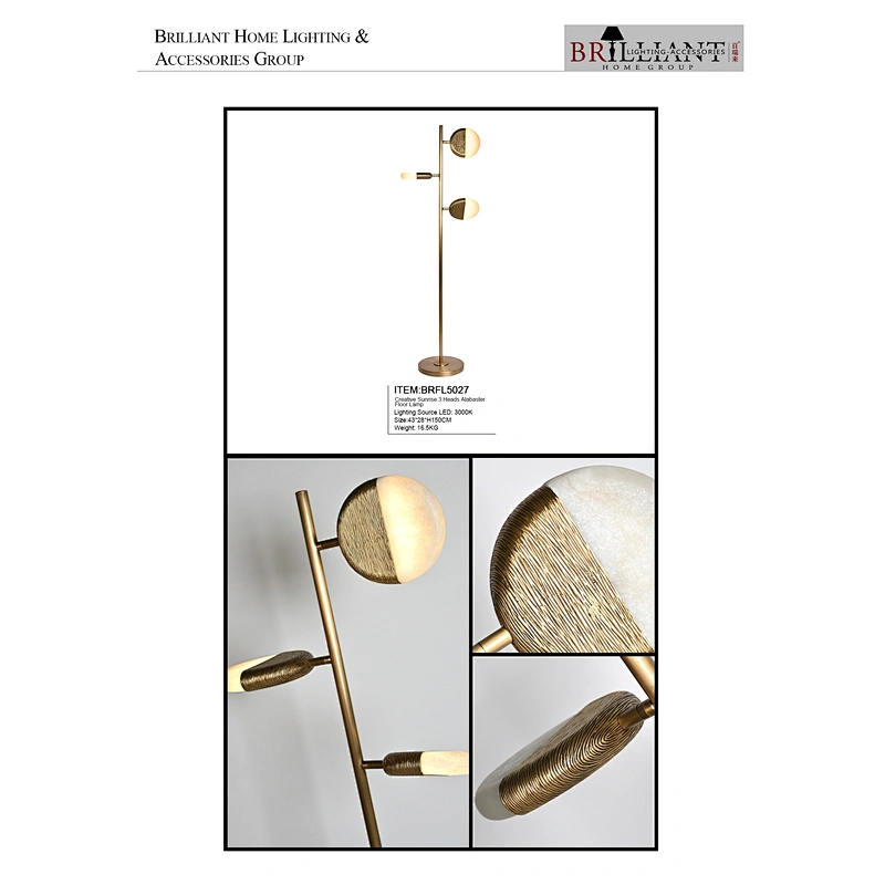 Creative sunrise 3 heads luxury antique brass hand dyeing finish alabaster standing floor lamp for living room bedroom