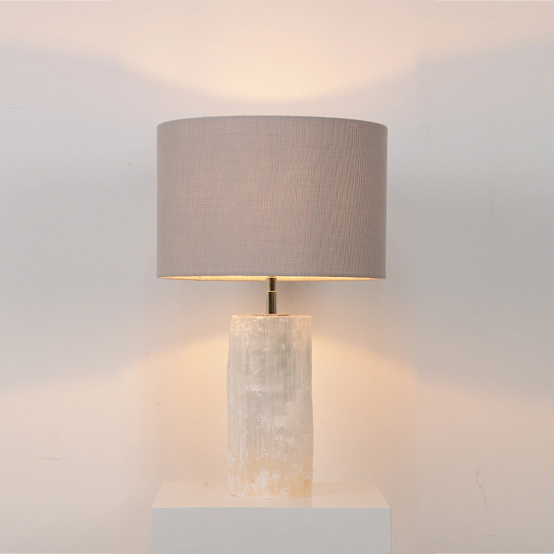 Luxury Natural Selenite Stone Column Table Lamp With Fabric Shade for living room sofa side bedside light