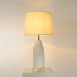 Luxury Natural Selenite Stone Column Table Lamp With Fabric Shade for living room sofa side bedside light