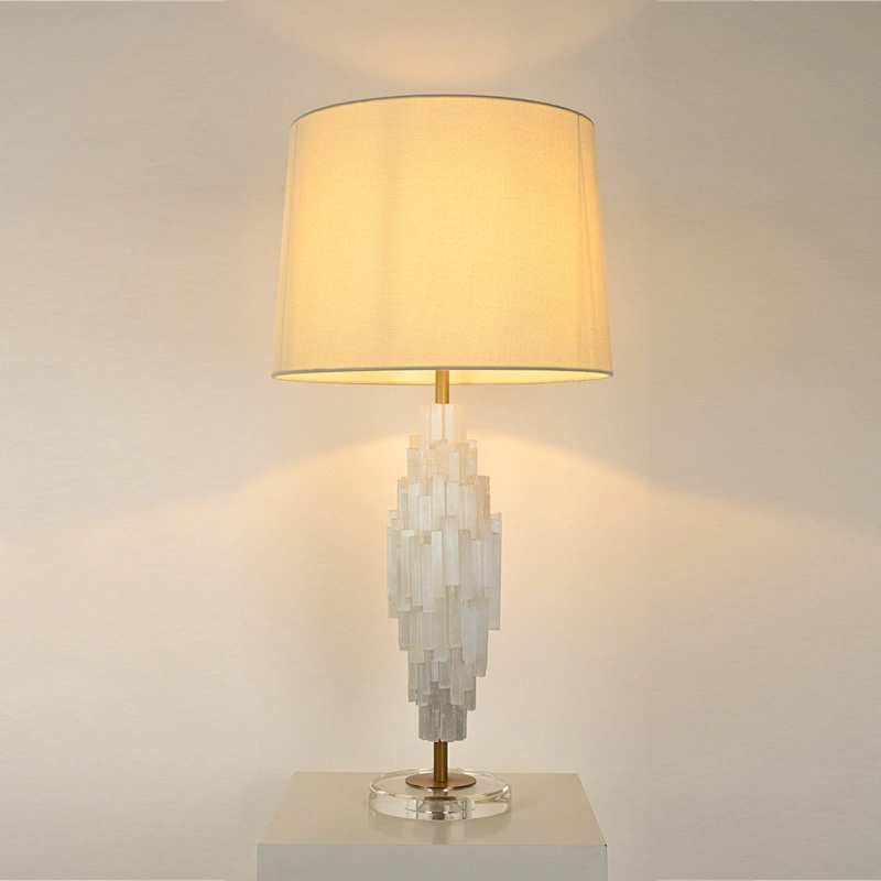 Unique translucent tiered natural selenite stone table lamp with fabric lampshade for bedroom livingroom