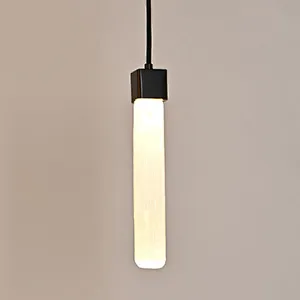 Single Natural Selenite Stone Bronze Finish Hanging Light For Restaurant Bedside Light