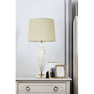 Unique translucent tiered natural selenite stone table lamp with fabric lampshade for bedroom livingroom