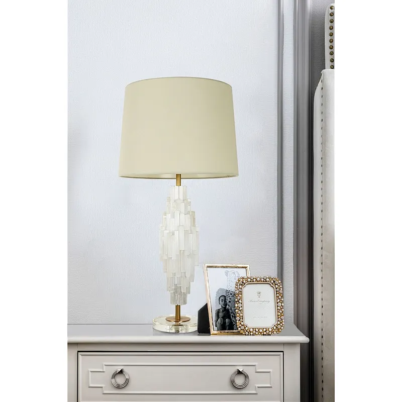 Unique translucent tiered natural selenite stone table lamp with fabric lampshade for bedroom livingroom