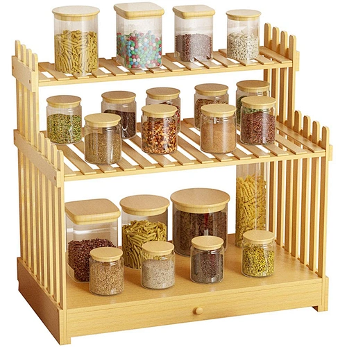 Wholesale Customization Kitchen Storage 3 Tier Bamboo Spice Rack With Drawer