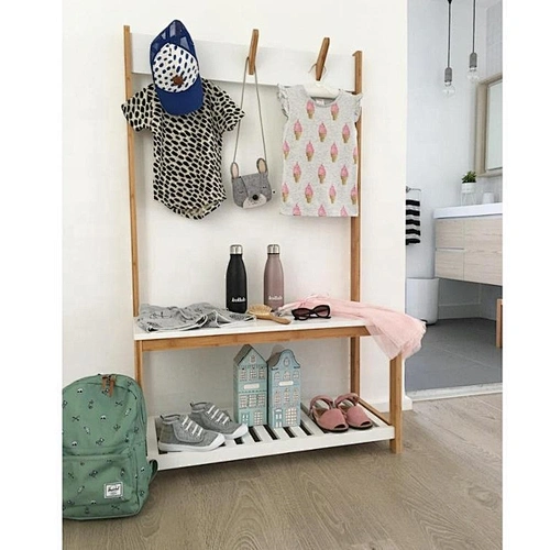 Bamboo Storage Shelf Coated Rack with Bench Furniture for Living Room