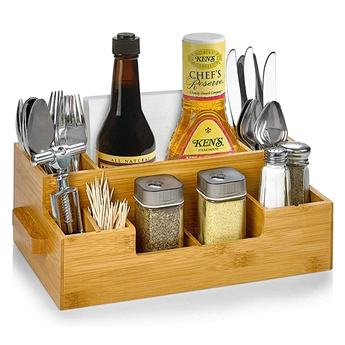 Bamboo Utensil Holder Caddy Set Breakroom Kitchen Organizer