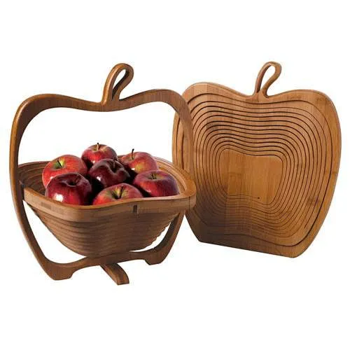 Bamboo Folding Fruit Basket Collapsible Wooden Bread Cutting Board and Holding Basket