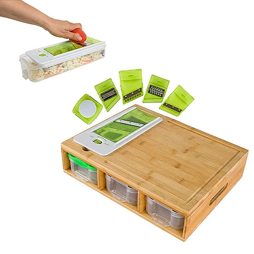 Custom Design Expandable Bamboo Cutting Board Set With 4 Containers Includes Built in Grater