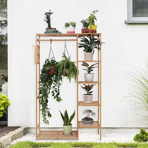 Bamboo Garment Rack with Shelves Clothes Drying Hanging Stand Shoe and Coat Storage