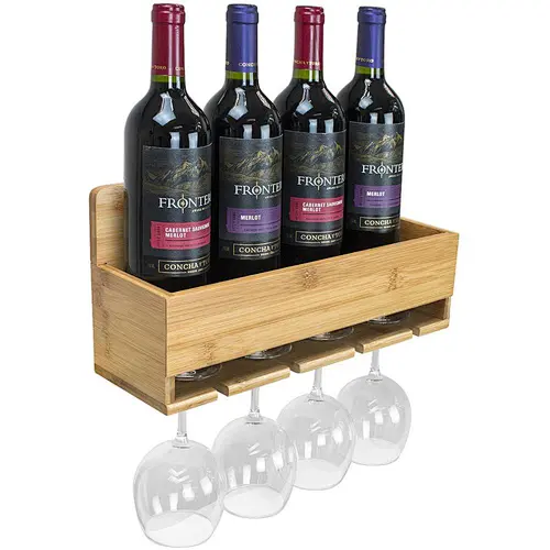 Natural Bamboo Wall-Mounted Wine Rack for Wine Bottles & Stemware Glass