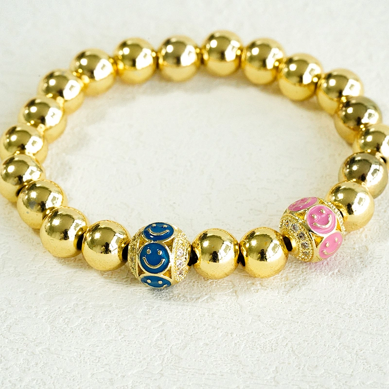 Fashion Design 10mm Smiling Face  Brass Zircon Beads Jewelry Making Gold Plated  Bracelet  DIY Round Beads Epoxy Spacer
