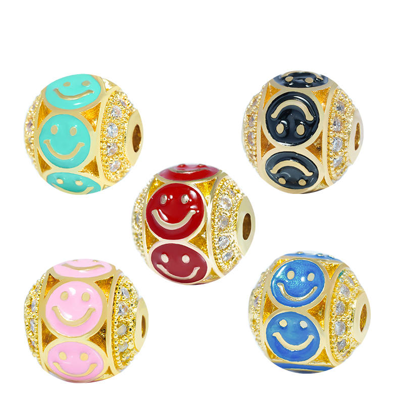 Fashion Design 10mm Smiling Face  Brass Zircon Beads Jewelry Making Gold Plated  Bracelet  DIY Round Beads Epoxy Spacer