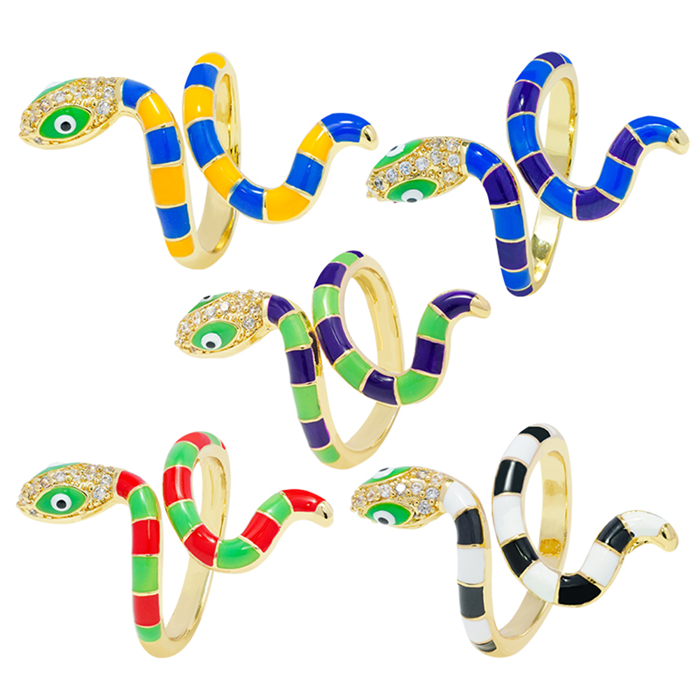 New Design Snake Shape 18k Gold Plated Rings Zirconia Pave Rings Woman Men Gifts Jewelry CZ Snakes Colorful Rings