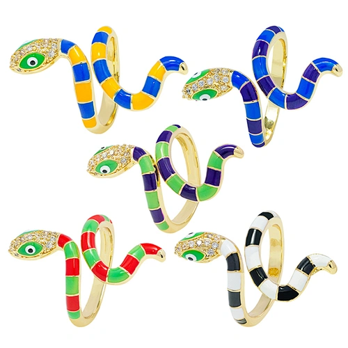 New Design Snake Shape 18k Gold Plated Rings Zirconia Pave Rings Woman Men Gifts Jewelry CZ Snakes Colorful Rings