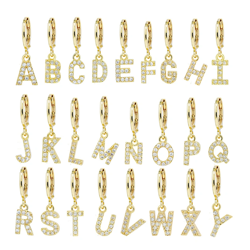 Factory  Direct 18k gold plated  Alphabet Earrings Jewelry Wholesale  26 Initial Letters Cubic Zirconia  Jewelry Women