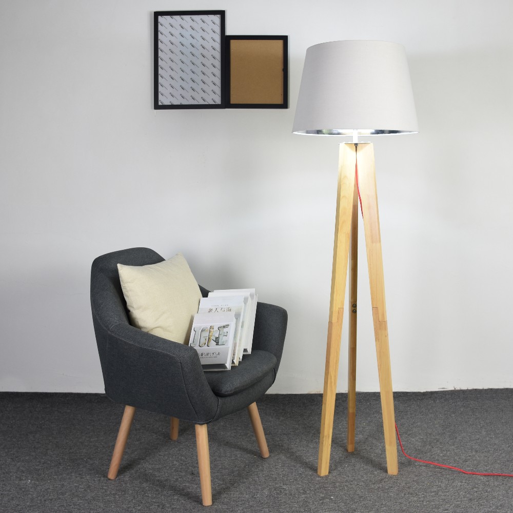 tripod wooden base floor lamp fabric lampshade wooden lamp stand light
