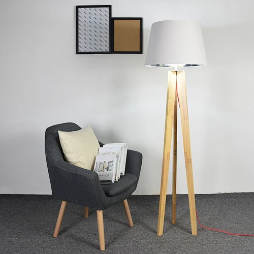 tripod wooden base floor lamp fabric lampshade wooden lamp stand light