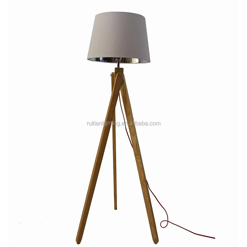 tripod wooden base floor lamp fabric lampshade wooden lamp stand light