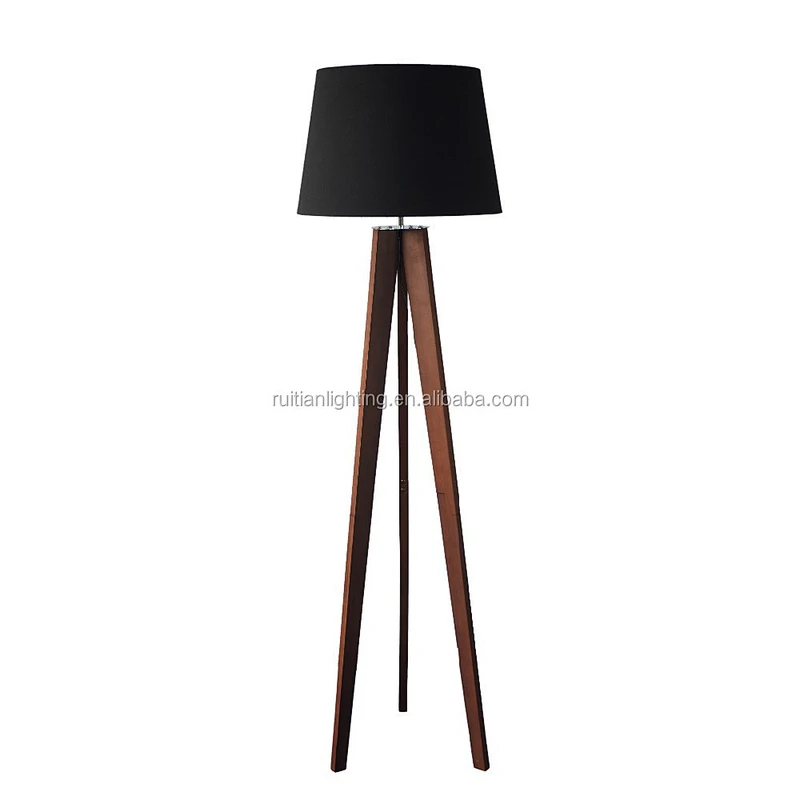 tripod wooden base floor lamp fabric lampshade wooden lamp stand light