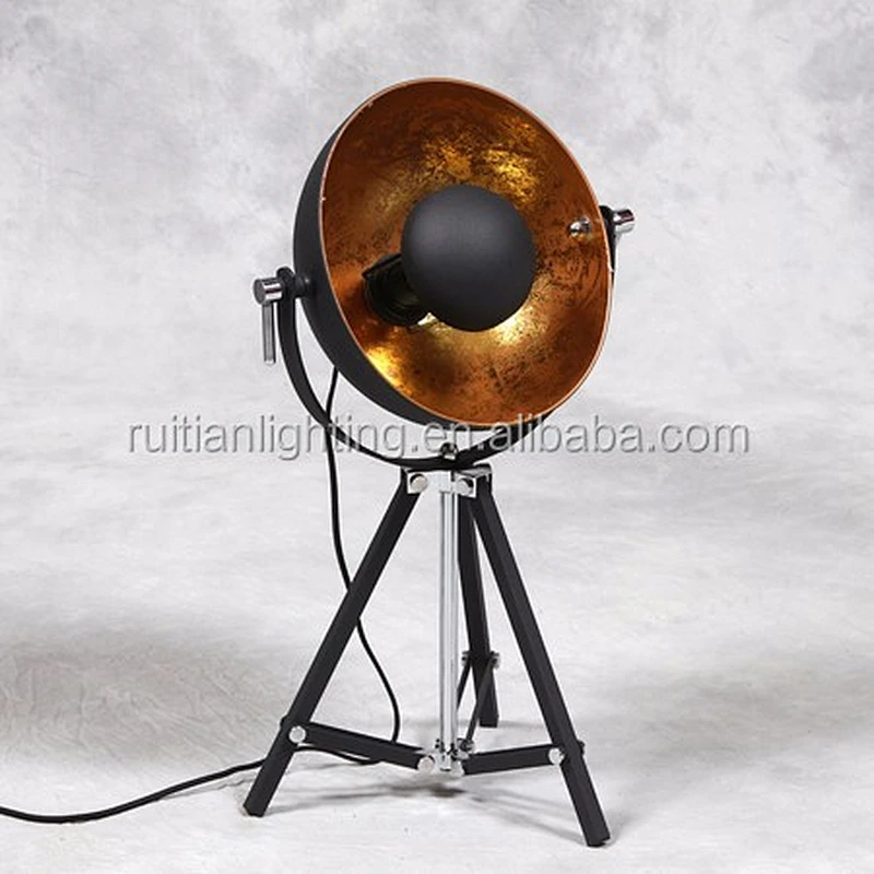 Black Tripod Spotlight Table Lamp with gold Inner Shade desk light