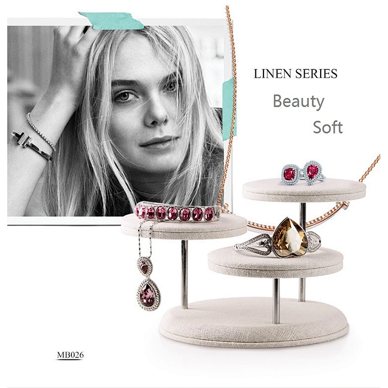 Three layer round linen jewelry display rack