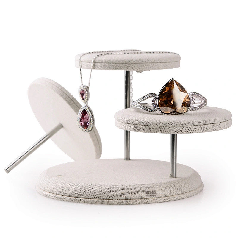 Three layer round linen jewelry display rack