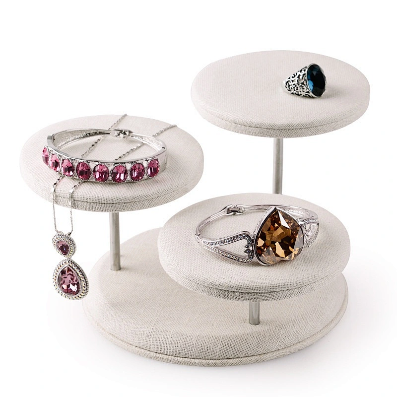 Three layer round linen jewelry display rack