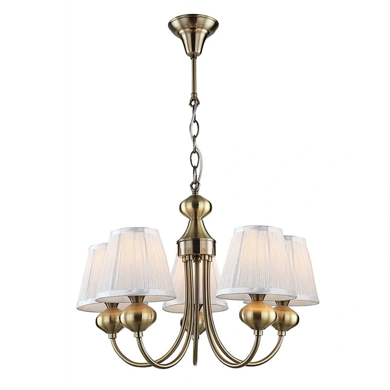 European style 5 lights antique brass chandelier with fabric shade indoor decoration