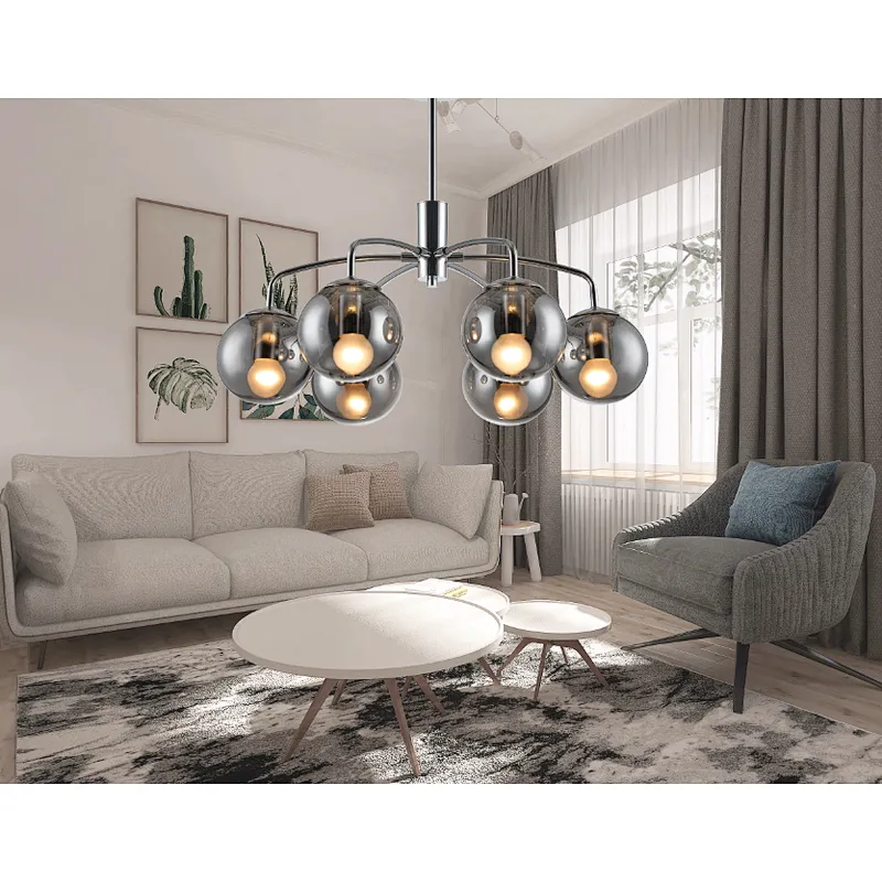 Modern fashion 6 lights chrome ceiling lamp indoor decoration E14 ceiling light with smoke glass ball