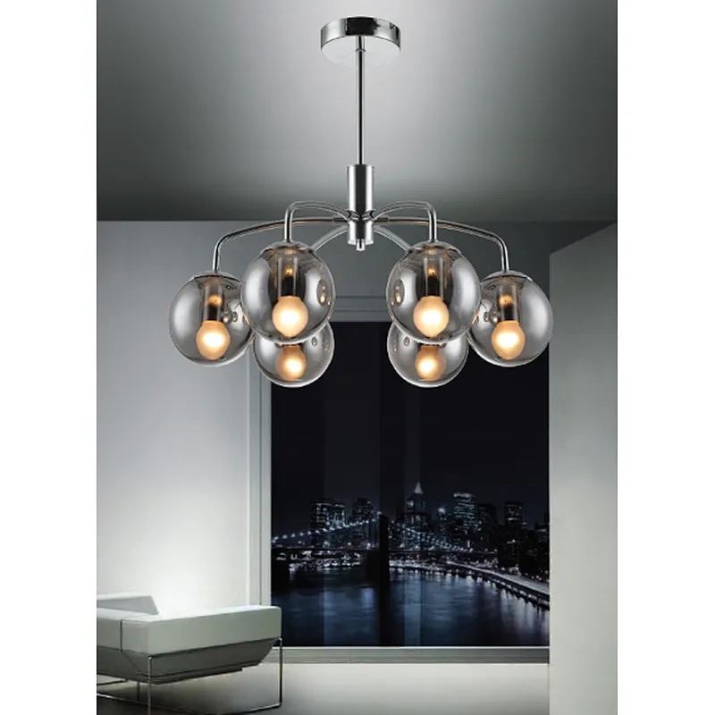 Modern fashion 6 lights chrome ceiling lamp indoor decoration E14 ceiling light with smoke glass ball