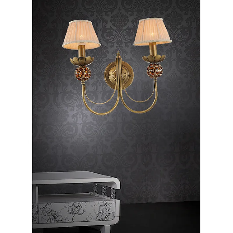 Nordic traditional  antique brass 2 lights wall lamp crystal