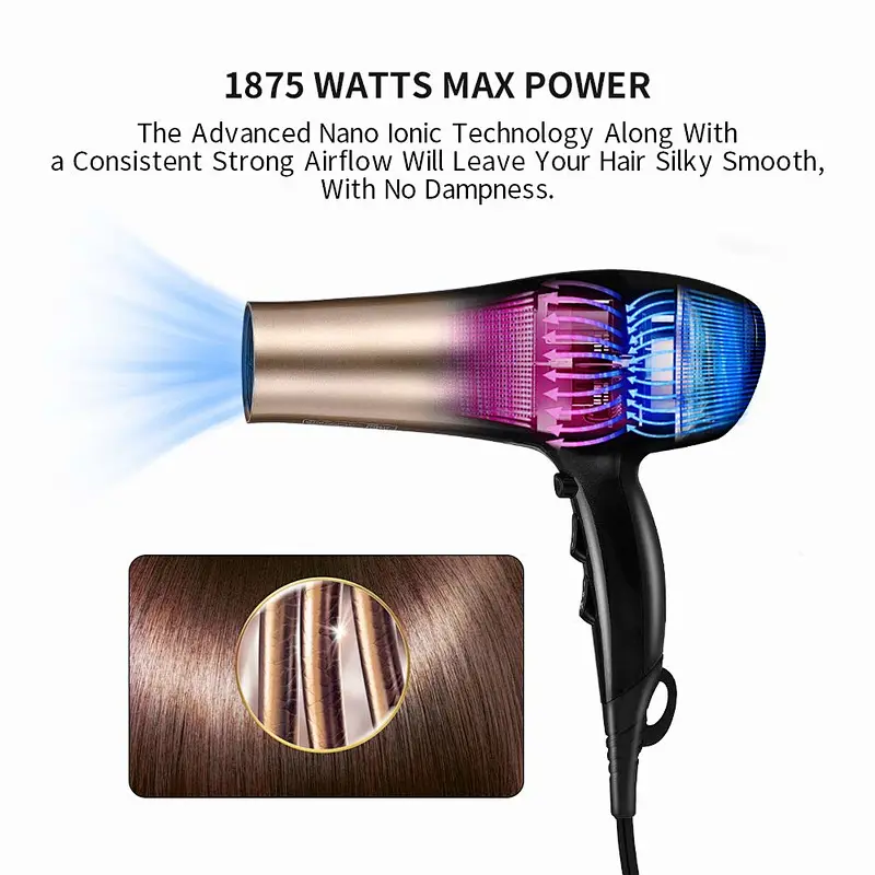 1875W Hair Dryer, Nano Ionic Blow Dryer Professional Salon Hair Blow Dryer Lightweight Fast Dry Low Noise, with Concentrator