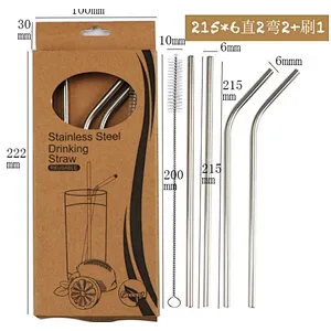 Stainless steel straw set, 2 straight straws and 2 curved straws with brush