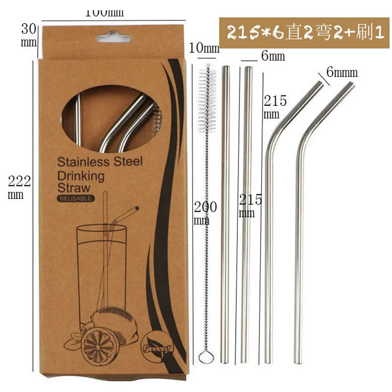 Stainless steel straw set, 4pcs curved straws with brush