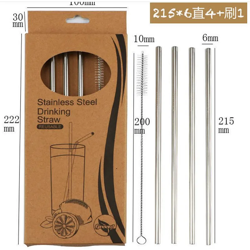 Stainless steel straw set, 4pcs straight straws with brush
