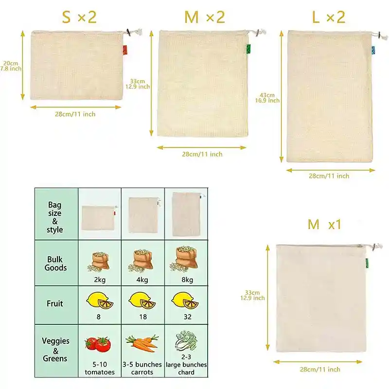 7 Pack Reusable Produce Bags,Organic Natural Cotton Mesh Storage Bags for Grocery Vegetables Fruits,Reusable Durable Grocery Shopping Storage Bags,Eco Friendly & Washable