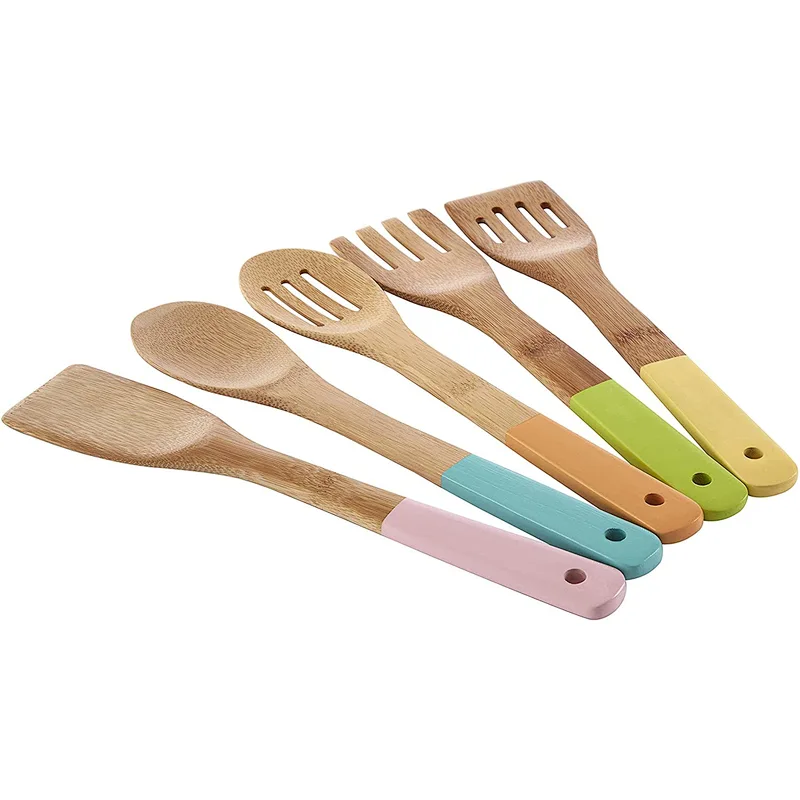 Kitchen Utensil Set, Pastel Handles 5 Piece, Bamboo, Multi/Coloured