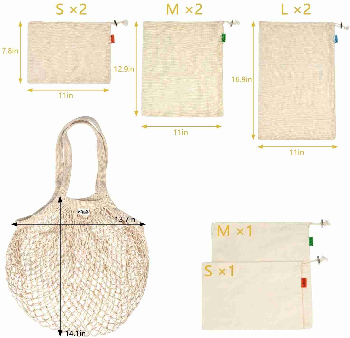 9 Pack Reusable Produce Bags,Organic Natural Cotton Mesh Storage Bags for Grocery Vegetables Fruits,Reusable Durable Grocery Shopping Storage Bags,Eco Friendly & Washable