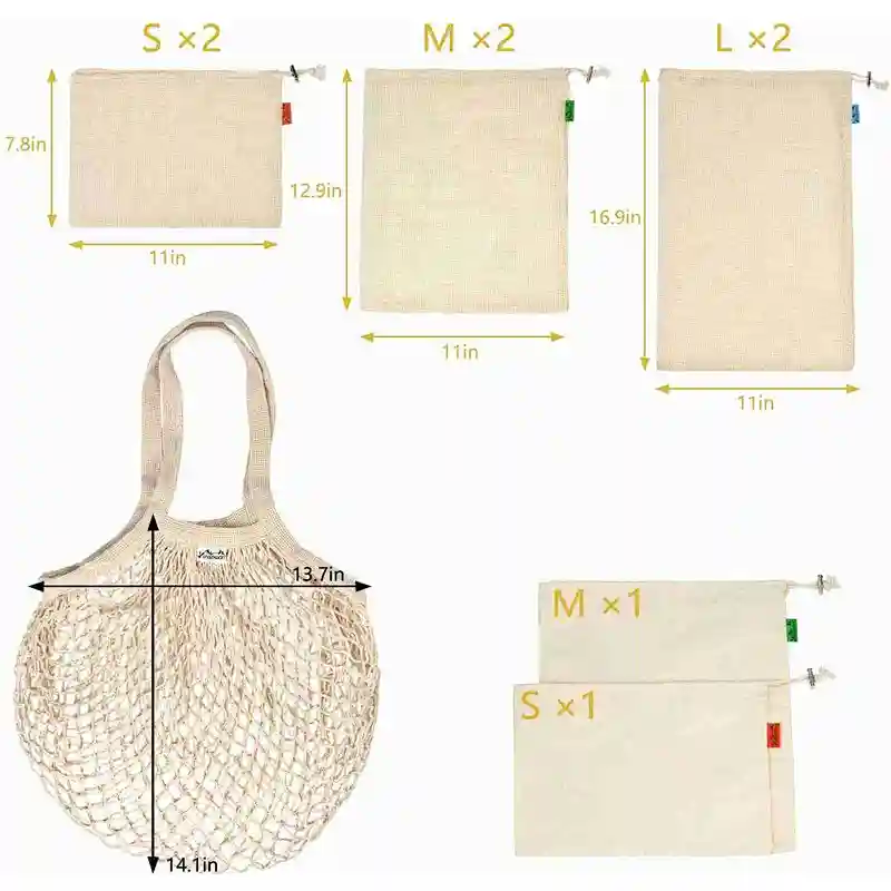 9 Pack Reusable Produce Bags,Organic Natural Cotton Mesh Storage Bags for Grocery Vegetables Fruits,Reusable Durable Grocery Shopping Storage Bags,Eco Friendly & Washable