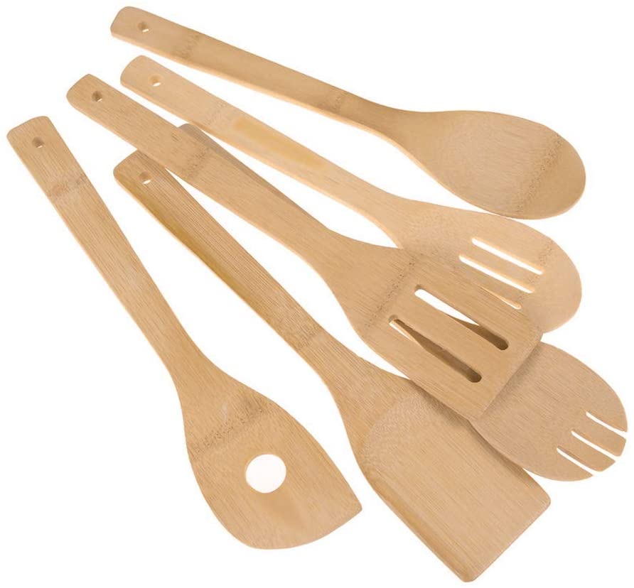 6 Pieces Bamboo Wooden Kitchen Cooking Utensils Set, Wooden Cooking Utensil Sets Easy to Clean Bamboo Wooden Solid Turner